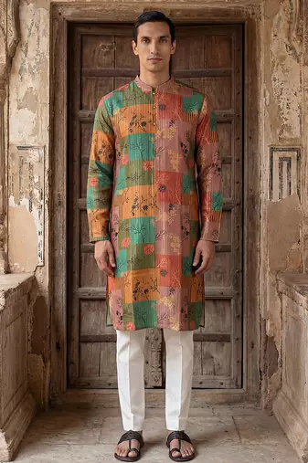 men   s multicolor silk blend printed kurta trouser set