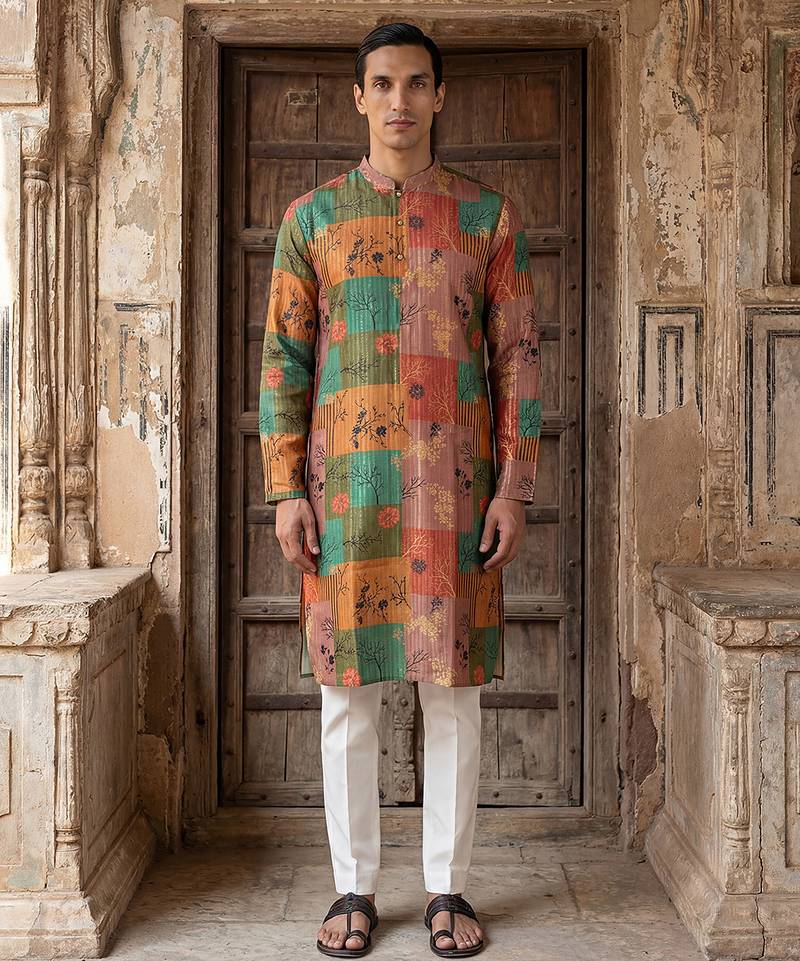 men’s multicolor silk blend printed kurta trouser set
