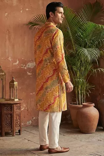 yellow silk blend straight printed kurta trouser set