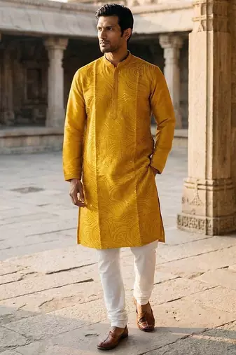 men   s yellow silk blend jacquard pattern straight kurta trouser set
