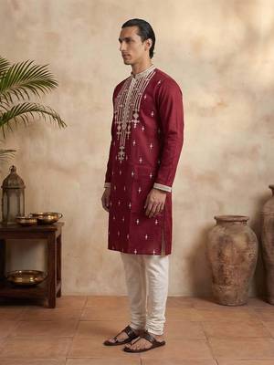 men   s maroon silk blend embroidered straight kurta trouser set 3