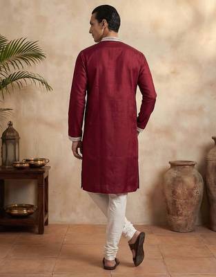 men   s maroon silk blend embroidered straight kurta trouser set 4