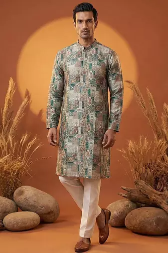 men's silk blend multicolor printed straight kurta with trousers