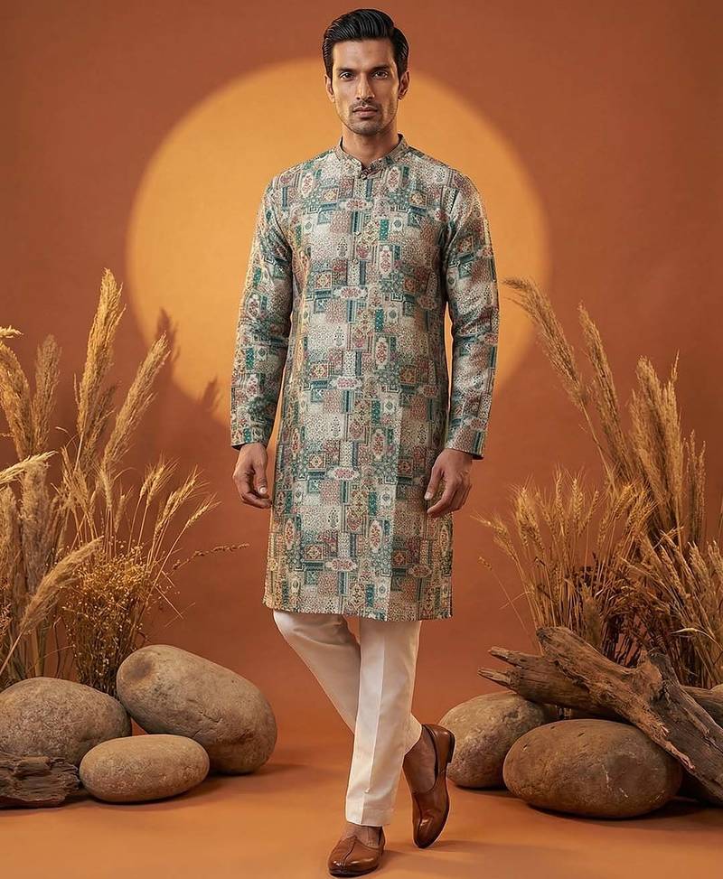 men's silk blend multicolor printed straight kurta with trousers