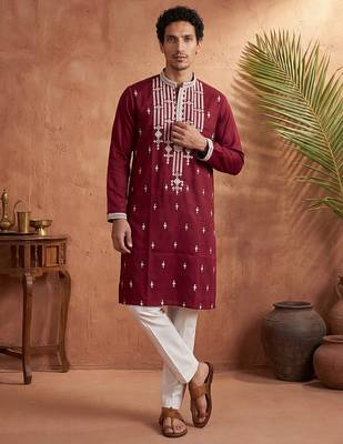 men   s maroon silk blend embroidered straight kurta trouser set 5