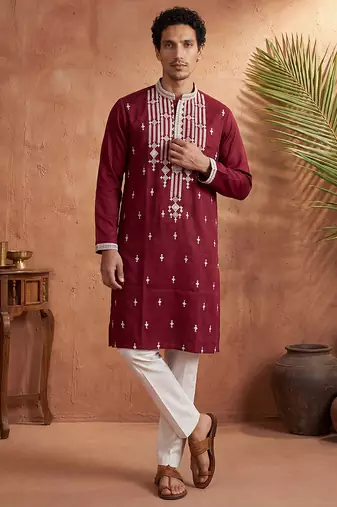men   s maroon silk blend embroidered straight kurta trouser set