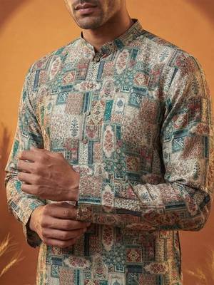 men's silk blend multicolor printed straight kurta with trousers 2