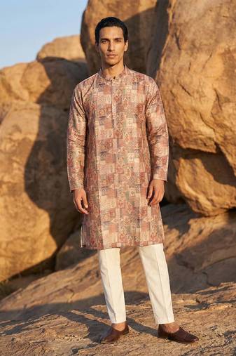 men's multicolor silk blend printed straight kurta with trousers
