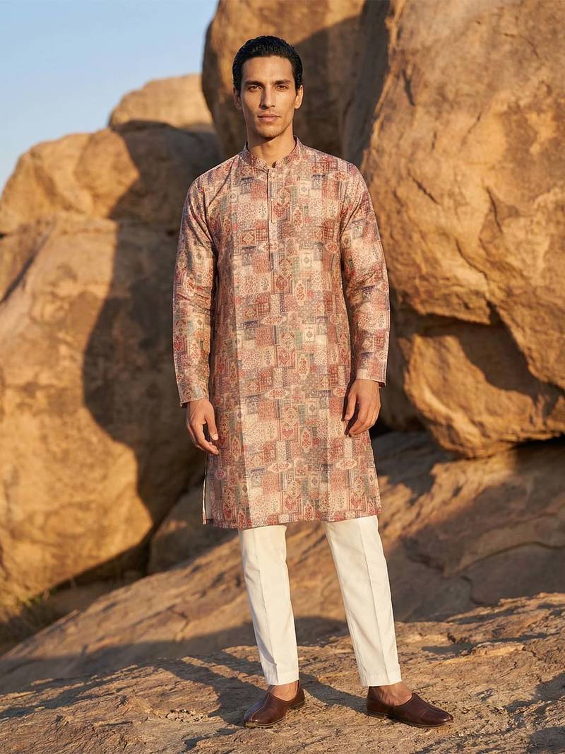 men's multicolor silk blend printed straight kurta with trousers
