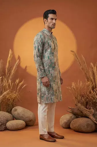 men's silk blend multicolor printed straight kurta with trousers