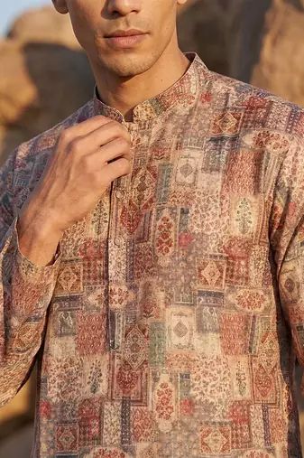 men's multicolor silk blend printed straight kurta with trousers