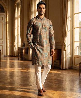 men's Multicolor silk blend printed straight kurta with trousers 1