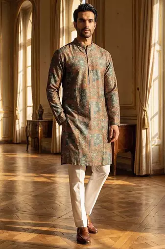 men's Multicolor silk blend printed straight kurta with trousers