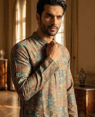 men's Multicolor silk blend printed straight kurta with trousers 2