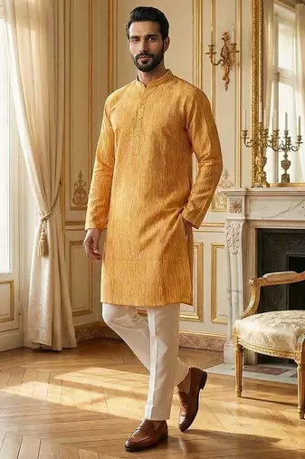 men’s festive yellow silk blend printed kurta with trousers