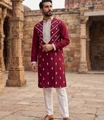 men’s maroon silk blend printed straight kurta with trousers