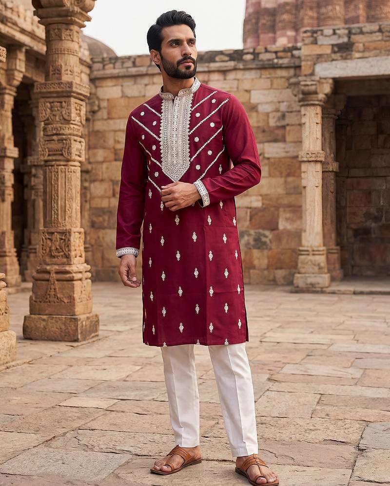 men’s maroon silk blend printed straight kurta with trousers