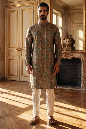 men's Multicolor silk blend printed straight kurta with trousers