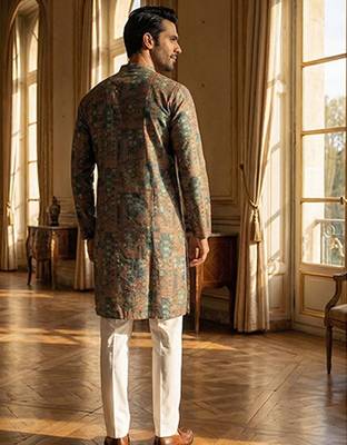 men's Multicolor silk blend printed straight kurta with trousers 4
