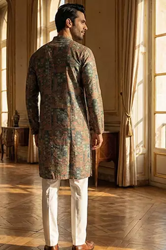 men's Multicolor silk blend printed straight kurta with trousers