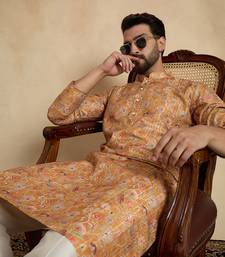 men   s mustard silk blend printed straight kurta with trousers