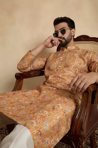 men   s mustard silk blend printed straight kurta with trousers
