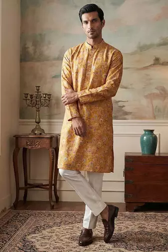 men’s mustard silk blend printed straight kurta with trousers