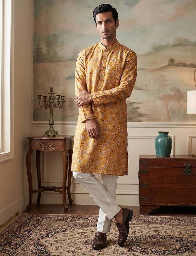 men’s mustard silk blend printed straight kurta with trousers