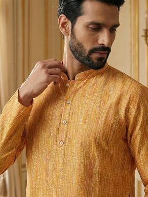 men   s festive yellow silk blend printed kurta with trousers 2