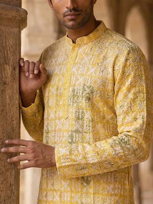 men   s yellow viscose rayon embroidered straight kurta with trousers 2