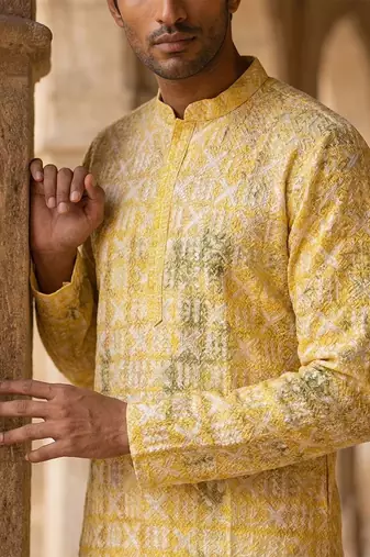 men   s yellow viscose rayon embroidered straight kurta with trousers