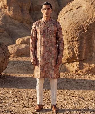 men's multicolor silk blend printed straight kurta with trousers
 5