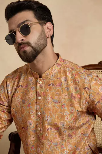 men   s mustard silk blend printed straight kurta with trousers