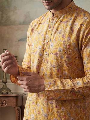 men   s mustard silk blend printed straight kurta with trousers 2