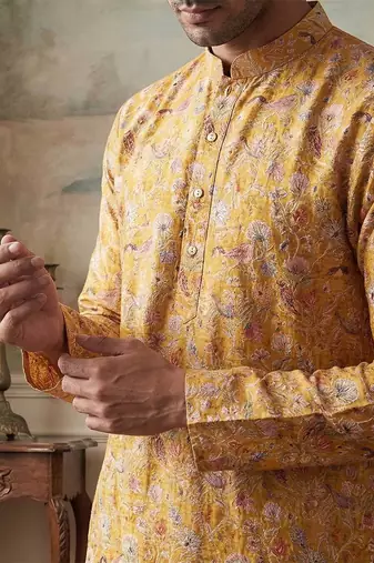 men   s mustard silk blend printed straight kurta with trousers