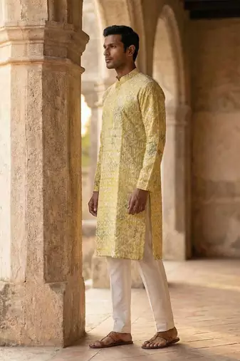 men   s yellow viscose rayon embroidered straight kurta with trousers