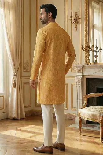 men   s festive yellow silk blend printed kurta with trousers
