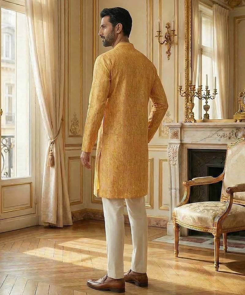 men’s festive yellow silk blend printed kurta with trousers