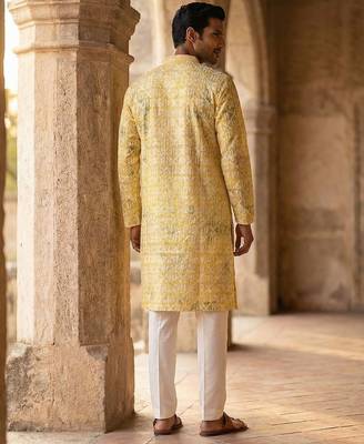 men   s yellow viscose rayon embroidered straight kurta with trousers 4