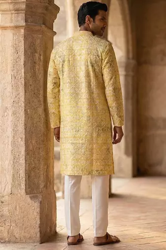 men   s yellow viscose rayon embroidered straight kurta with trousers