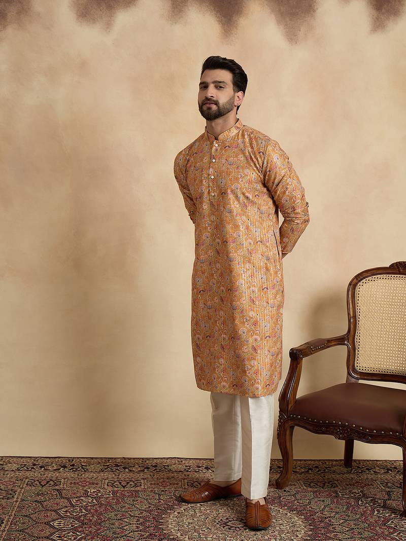 men   s mustard silk blend printed straight kurta with trousers