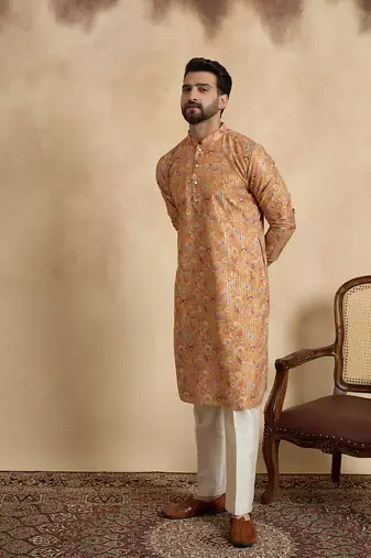 men   s mustard silk blend printed straight kurta with trousers