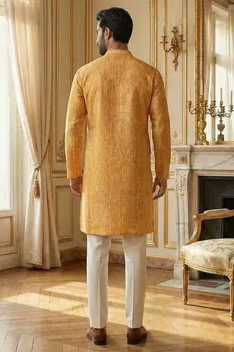 men   s festive yellow silk blend printed kurta with trousers