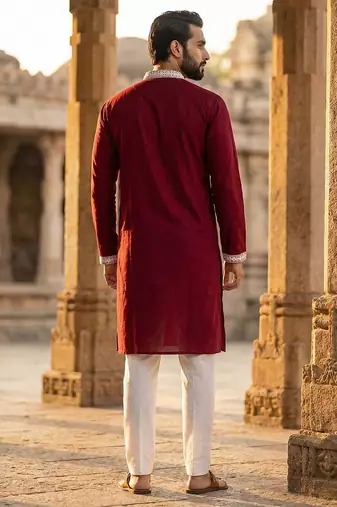 men   s maroon silk blend printed straight kurta with trousers
