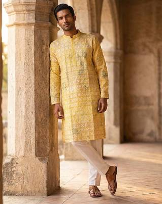 men   s yellow viscose rayon embroidered straight kurta with trousers 5