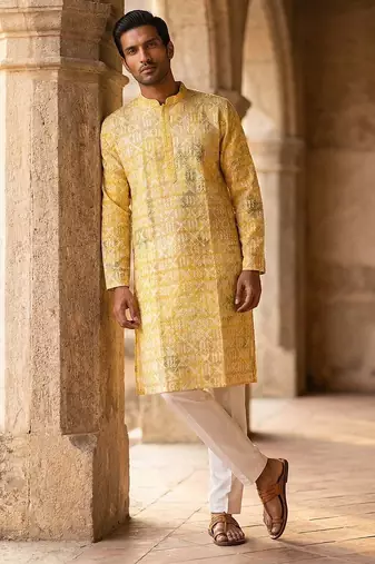 men   s yellow viscose rayon embroidered straight kurta with trousers