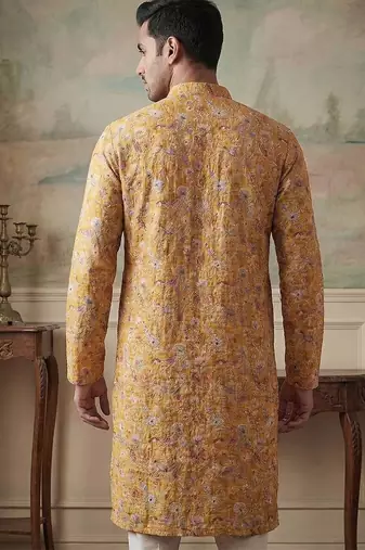 men   s mustard silk blend printed straight kurta with trousers