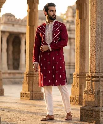 men   s maroon silk blend printed straight kurta with trousers 5