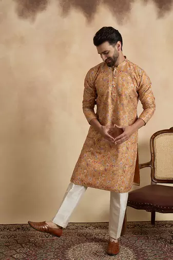 men   s mustard silk blend printed straight kurta with trousers