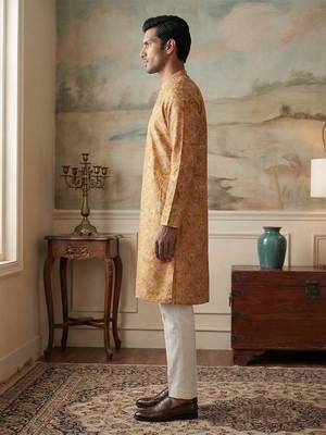 men   s mustard silk blend printed straight kurta with trousers 5